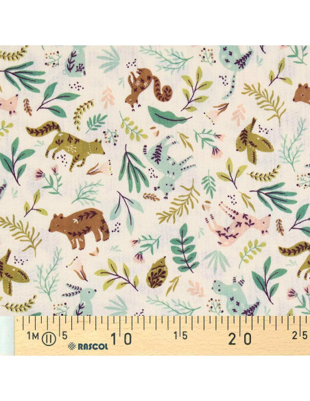 Tejido de doble gasa estampado - Anifolk crudo y verde