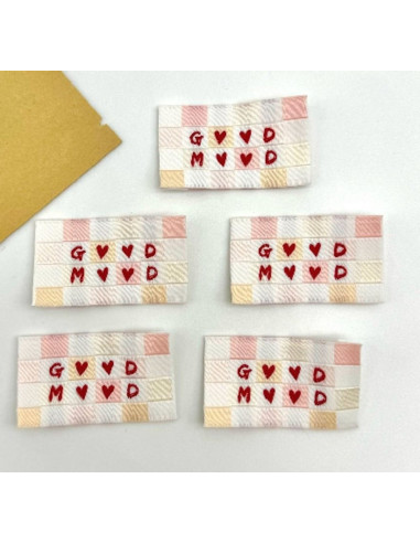 Lote de 5 etiquetas tejidas para coser Good Mood