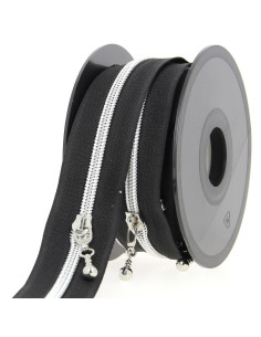 Rollo de 5 metros de cierre de nylon de 5 mm con tiradores redondos - Negro y plata
