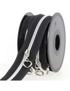 Rollo de 5 metros de cierre de nylon de 5 mm con tiradores de corazones - Negro y plata