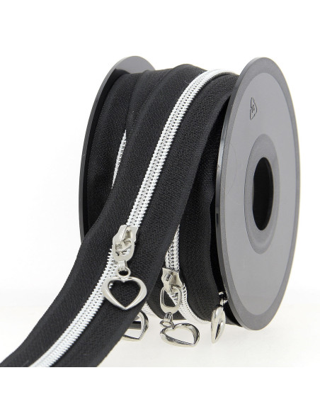 Rollo de 5 metros de cierre de nylon de 5 mm con tiradores de corazones - Negro y plata