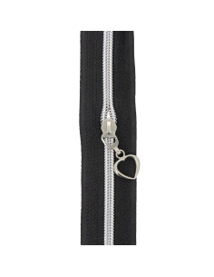 Rollo de 5 metros de cierre de nylon de 5 mm con tiradores de corazones - Negro y plata 2