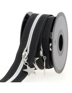 Rollo de 5 metros de cierre de nylon de 5 mm con tiradores de estrellas - Negro y plata