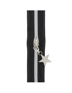 Rollo de 5 metros de cierre de nylon de 5 mm con tiradores de estrellas - Negro y plata 2