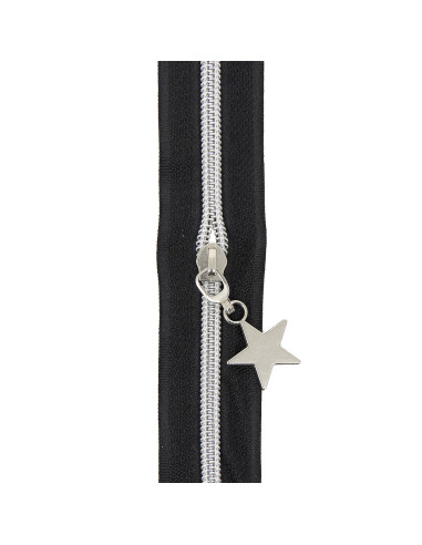 Rollo de 5 metros de cierre de nylon de 5 mm con tiradores de estrellas - Negro y plata