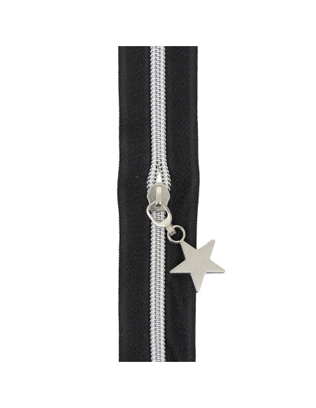 Rollo de 5 metros de cierre de nylon de 5 mm con tiradores de estrellas - Negro y plata