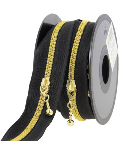 Rollo de 5 metros de cierre de nylon de 5 mm con tiradores redondos - Negro y dorado