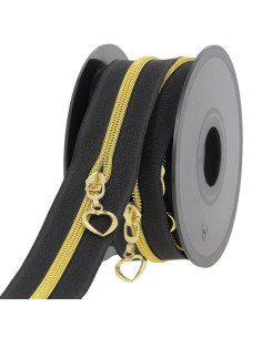 Rollo de 5 metros de cierre de nylon de 5 mm con tiradores de corazones - Negro y dorado