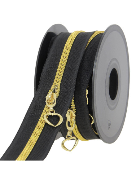 Rollo de 5 metros de cierre de nylon de 5 mm con tiradores de corazones - Negro y dorado
