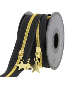 Rollo de 5 metros de cierre de nylon de 5 mm con tiradores de estrellas - Negro y dorado