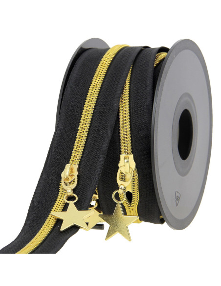 Rollo de 5 metros de cierre de nylon de 5 mm con tiradores de estrellas - Negro y dorado
