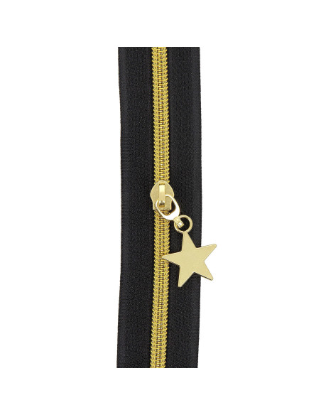 Rollo de 5 metros de cierre de nylon de 5 mm con tiradores de estrellas - Negro y dorado