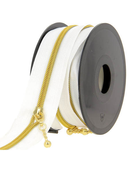 Rollo de 5 metros de cierre de nylon de 5 mm con tiradores redondos - Blanco y dorado