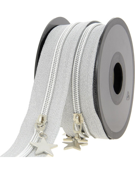 Rollo de 5 metros de cierre de nylon de 5 mm con tiradores de estrellas - Lurex plateado