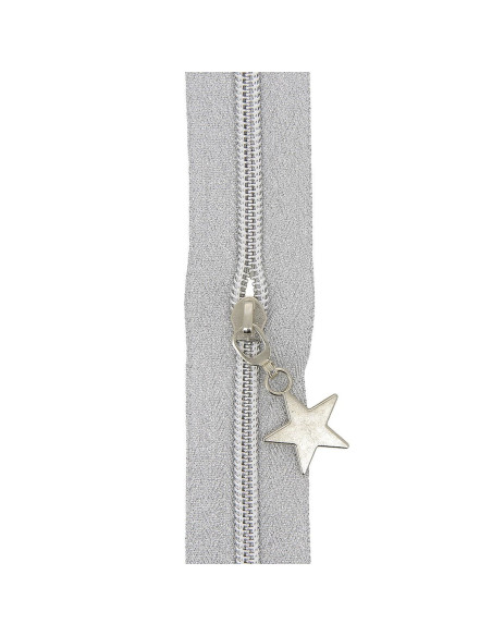 Rollo de 5 metros de cierre de nylon de 5 mm con tiradores de estrellas - Lurex plateado
