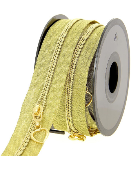 Rollo de 5 metros de cierre de nylon de 5 mm con tiradores de corazones - Oro lurex