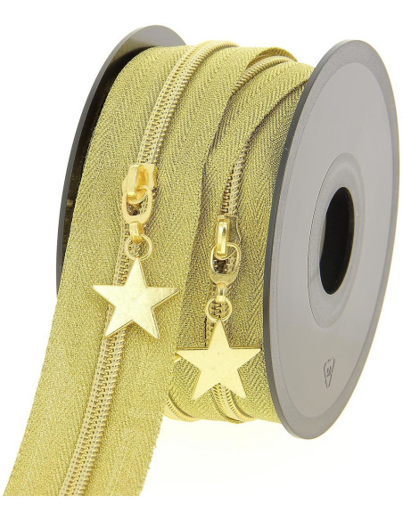 Rollo de 5 metros de cierre de nylon de 5 mm con tiradores de estrellas - Oro lurex