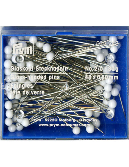 Caja de 30 g de alfileres de cabeza de vidrio extra largos blancos Prym