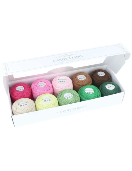 Estuche de 10 ovillos de algodón perlado Scheepjes Candy Floss N°10 - Verdes