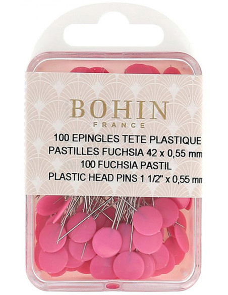 Caja de 100 alfileres con cabeza de plástico pastillas fucsia Bohin