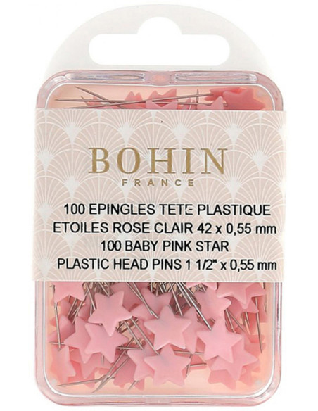 Caja de 100 alfileres con cabeza de plástico en forma de estrellas rosa claro Bohin