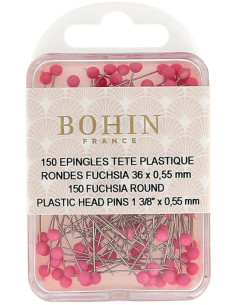 Caja de 150 alfileres con cabeza de plástico redonda fucsia Bohin