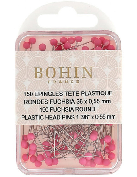 Caja de 150 alfileres con cabeza de plástico redonda fucsia Bohin