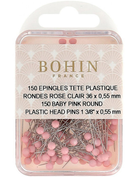 Caja de 150 alfileres con cabeza de plástico redonda rosa claro Bohin