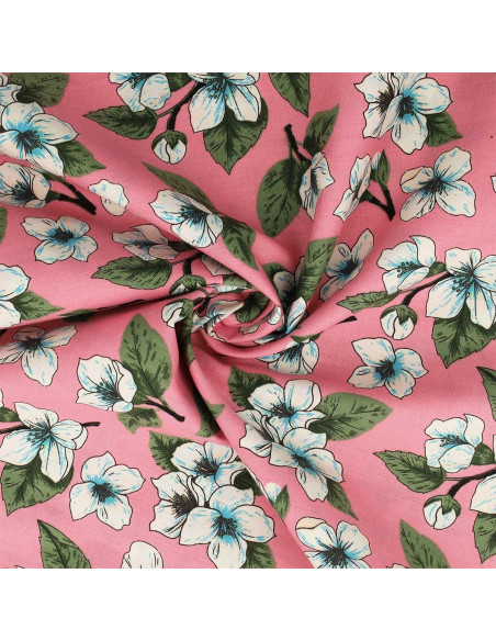 Tejido de popelina de algodón floral - Lluvia de flores rosa