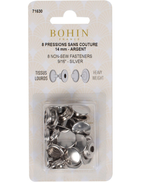 Caja de 8 botones de presión sin costura para telas pesadas de 14 mm Bohin - Plata