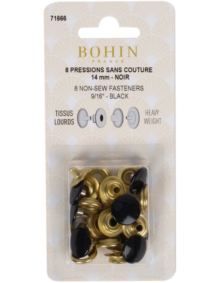 Caja de 8 botones de presión sin costura para telas pesadas de 14 mm Bohin - Negro