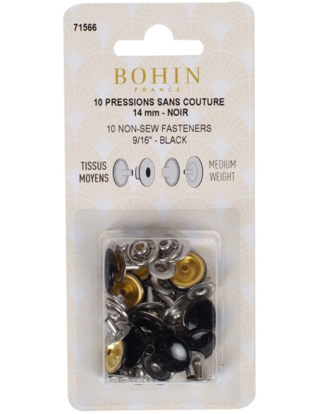 Caja de 10 botones de presión sin costura para telas medianas 14 mm Bohin - Negro