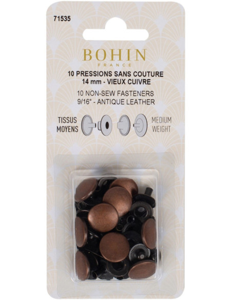 Caja de 10 botones de presión sin costura para telas medianas de 14 mm Bohin - Cobre