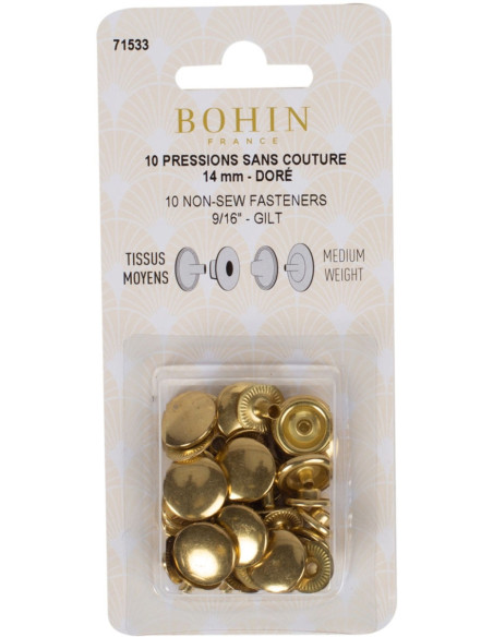 Caja de 10 botones a presión sin costura para telas medianas de 14 mm Bohin - Dorado