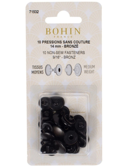 Caja de 10 botones de presión sin costura para telas medianas de 14 mm Bohin - Bronce