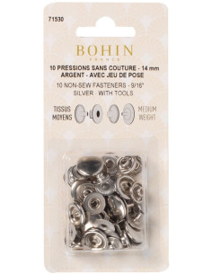 Caja de 10 botones de presión sin costura para telas medianas de 14 mm Bohin - Plata