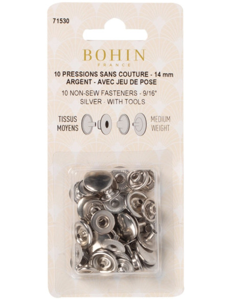 Caja de 10 botones de presión sin costura para telas medianas de 14 mm Bohin - Plata