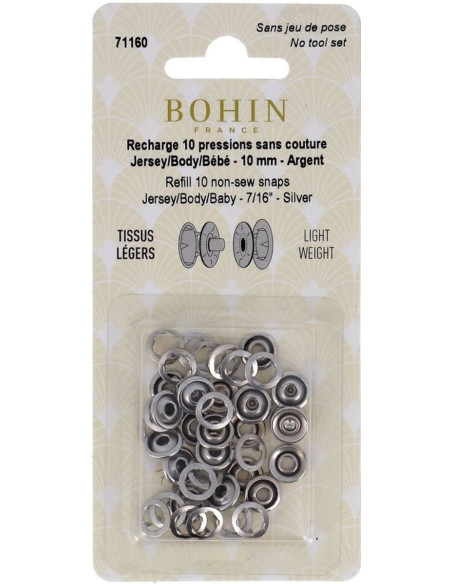 Caja de 10 botones a presión sin costura jersey con garras en cúpula de 10 mm Bohin - Plata