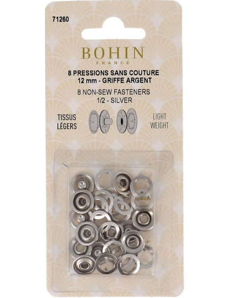 Caja de 8 broches sin costura jersey garras en cúpula 12 mm Bohin - Plata