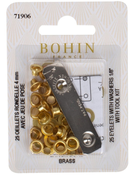 Caja de 25 ojales de 4 mm con arandelas y juego de colocación Bohin - Dorado