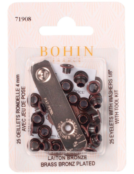 Caja de 25 ojales de 4 mm con arandelas y juego de colocación Bohin - Bronce