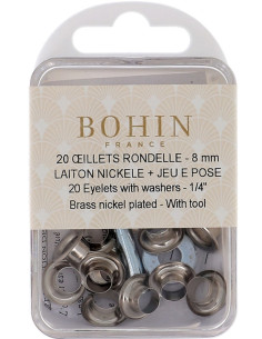 Caja de 20 ojales de 8 mm con arandelas y juego de colocación Bohin - Plata