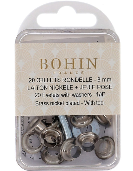 Caja de 20 ojales de 8 mm con arandelas y juego de colocación Bohin - Plata