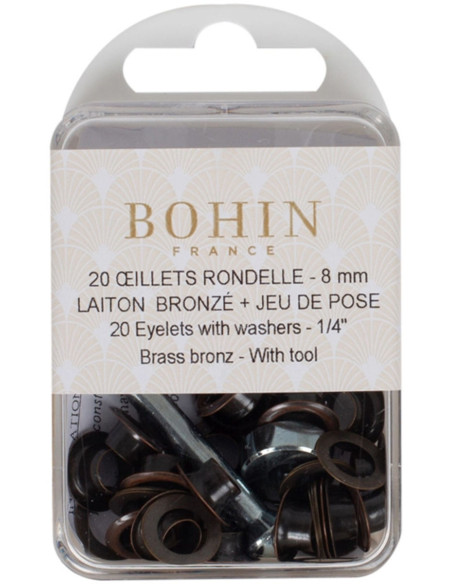 Caja de 20 ojales de 8 mm con arandelas y juego de colocación Bohin - Bronce