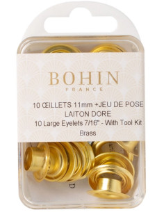 Caja de 10 ojales de 11 mm con arandelas y juego de colocación Bohin - Dorado