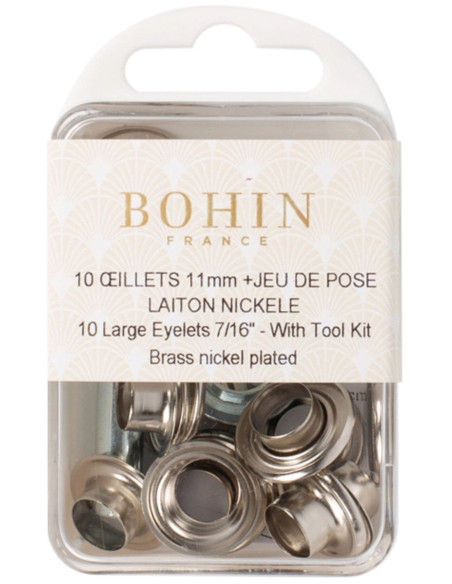 Caja de 10 ojales de 11 mm con arandelas y juego de colocación Bohin - Plata