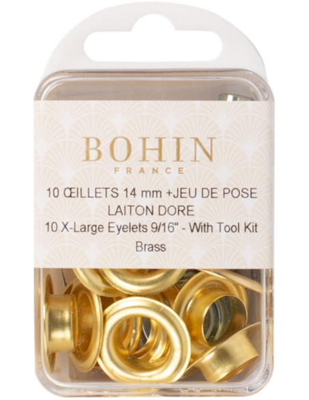 Caja de 10 ojales de 14 mm con arandelas y juego de colocación Bohin - Dorado