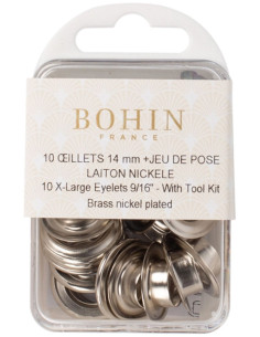 Caja de 10 ojales de 14 mm con arandelas y juego de colocación Bohin - Plata