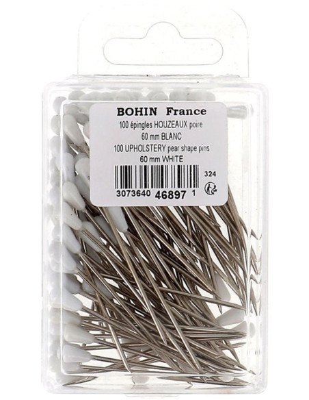 Caja de 100 alfileres de tapicero forma de pera blanca Bohin