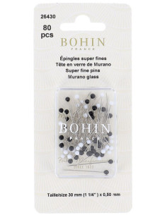 Caja de 80 alfileres superfino con cabeza de vidrio Murano negro y blanco Bohin